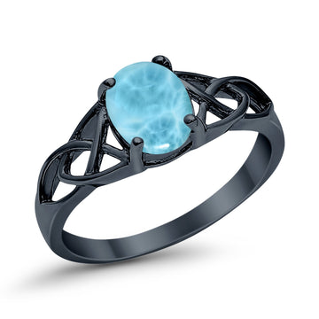Halo Vintage Style Wedding Ring Black Tone, Simulated Larimar CZ 925 Sterling Silver